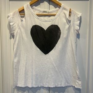 SUNNYSIDE brand. Super soft, White, cold shoulder Tee with Black Heart.